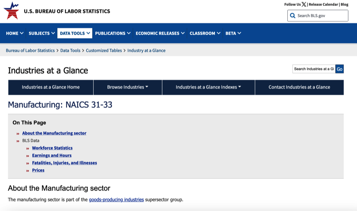 Snippet of Industries at a Glance: Manufacturing: NAICS 31-33