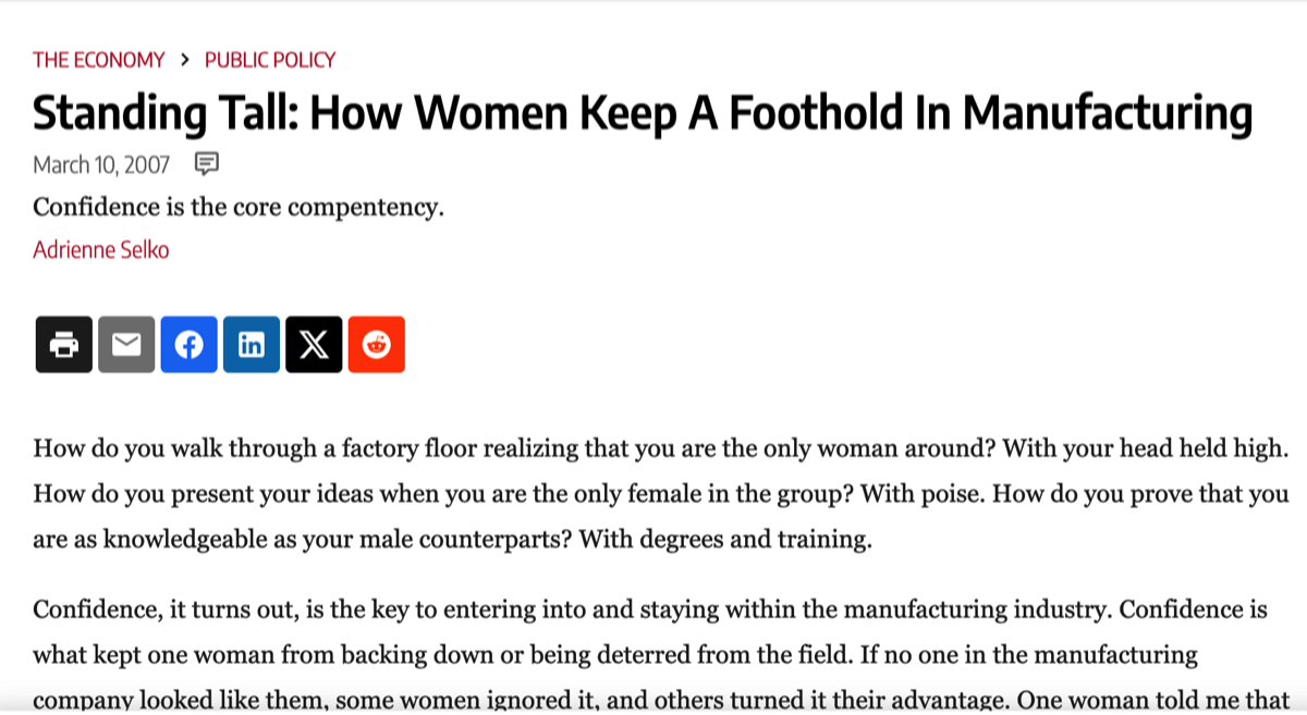 Snippet of Standing Tall: How Women Keep A Foothold In Manufacturing