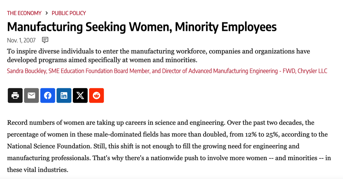 Snippet of Manufacturing Seeking Women, Minority Employees